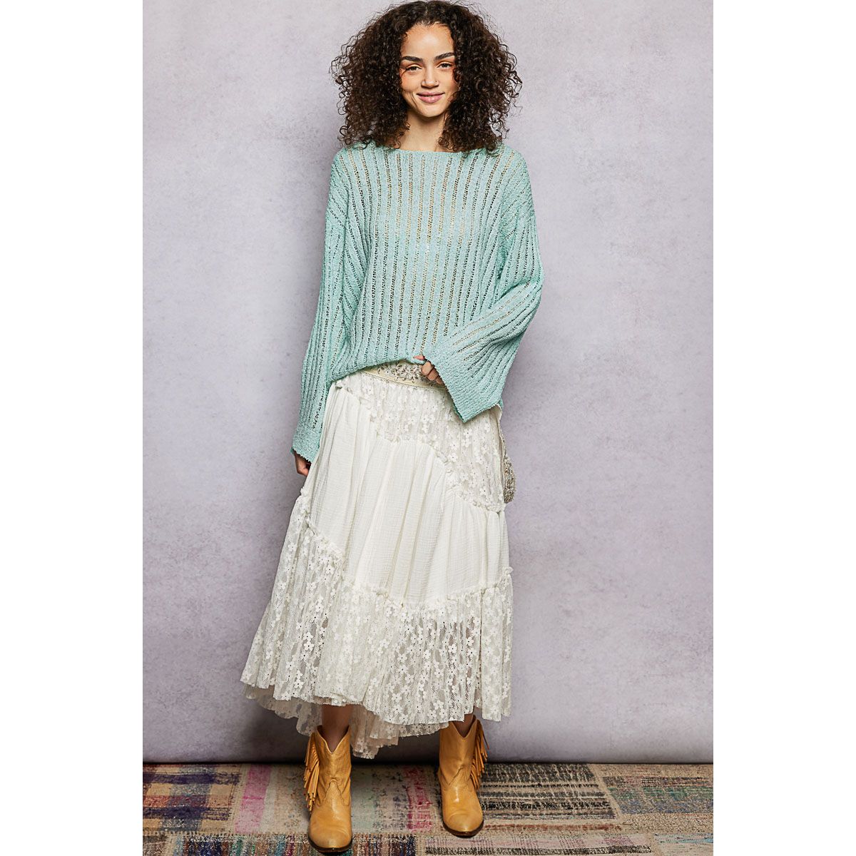 Long Sleeve Open Weave Thin Sweater Solid Knit Top