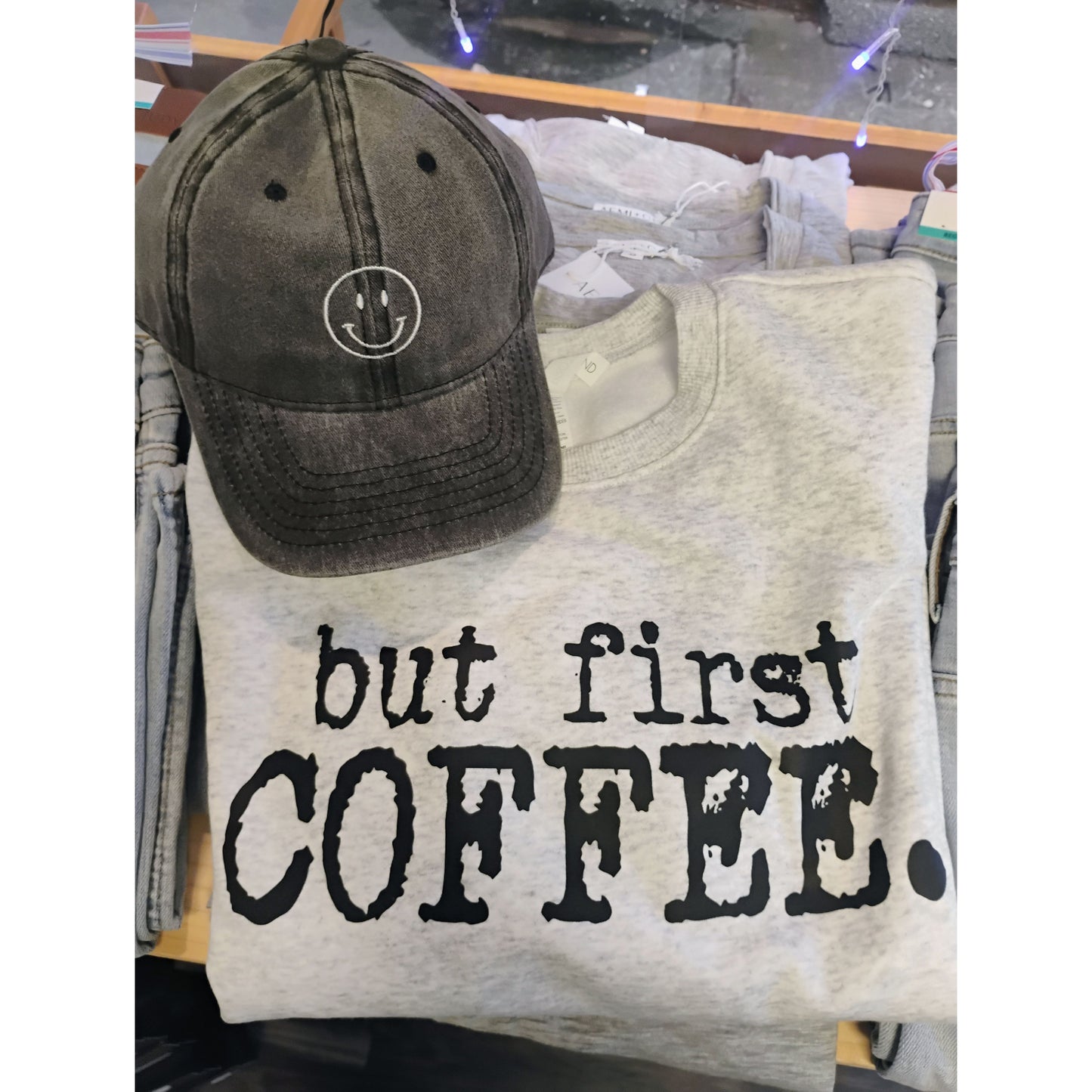 “But First Coffee” graphic sweatshirt