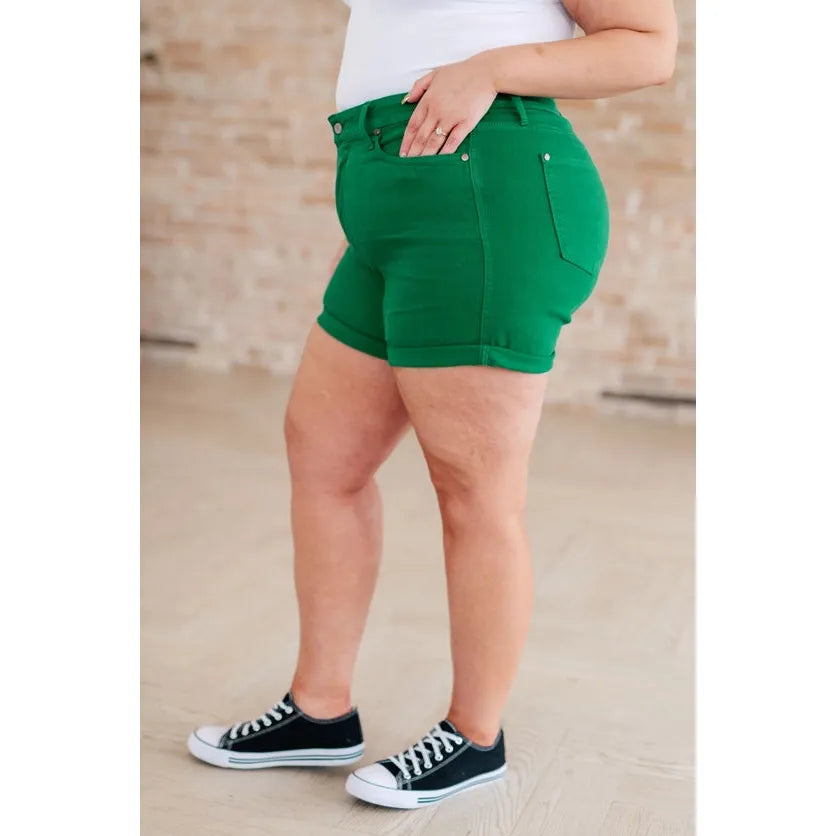 Judy Blue High Rise Control Top Cuffed Shorts in Green