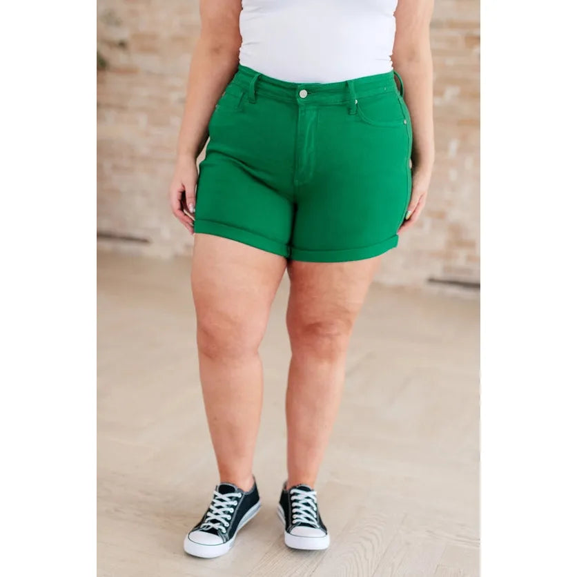 Judy Blue High Rise Control Top Cuffed Shorts in Green