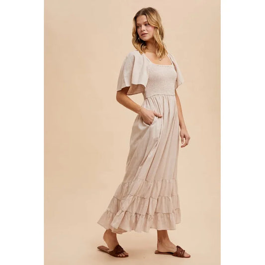 Smocked Cotton Flutter Sleeve Maxi