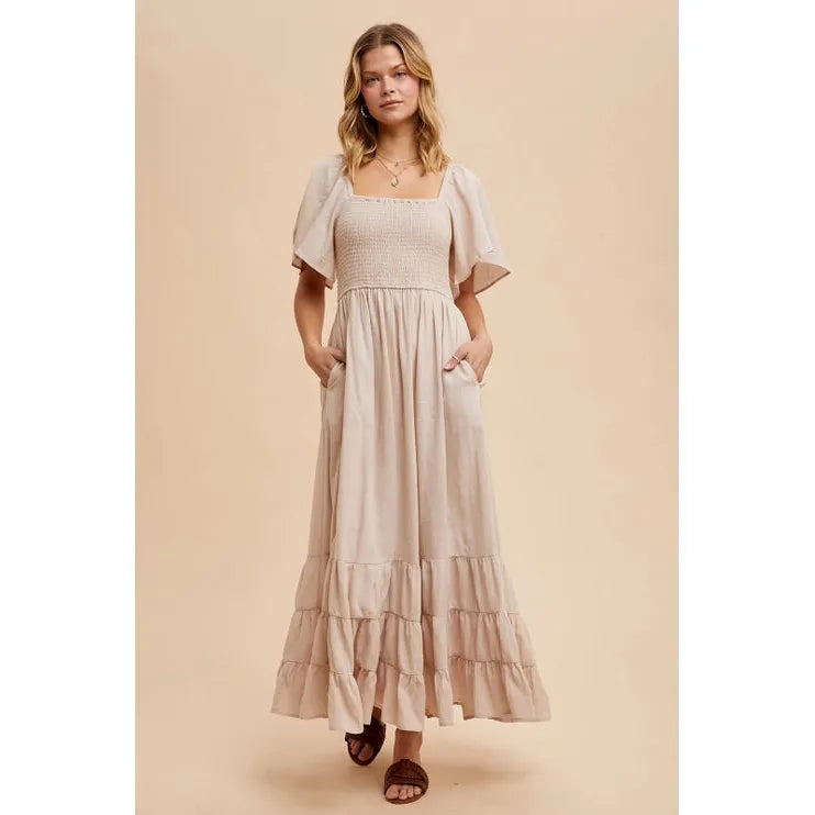 Smocked Cotton Flutter Sleeve Maxi