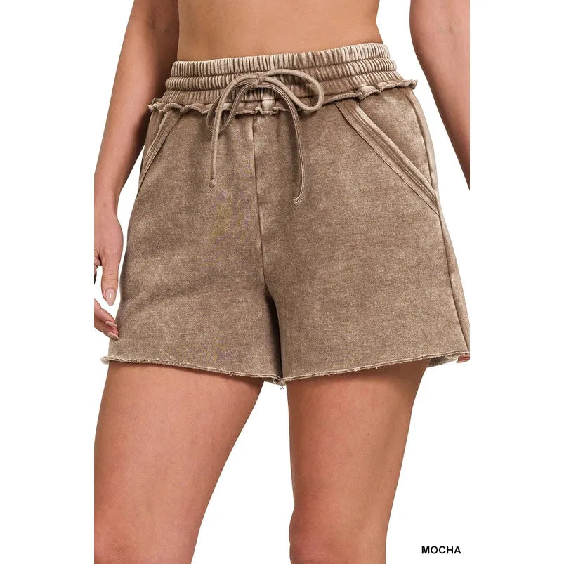 Acid Wash Fleece Drawstring Shorts with Pockets