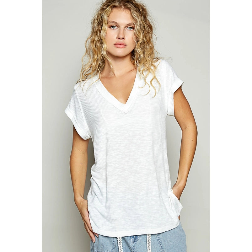 V-Neck Short Sleeve Solid Basic Top Sale (2 Colors)