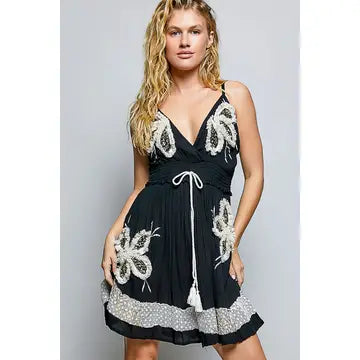 V-Neck Smocked Waist Ruffle Tassel Sleeveless Short Dress