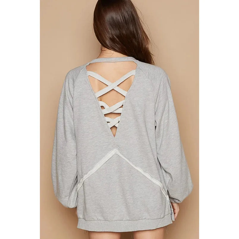 Back Cross Strap Details Balloon Sleeve Sweatshirt
