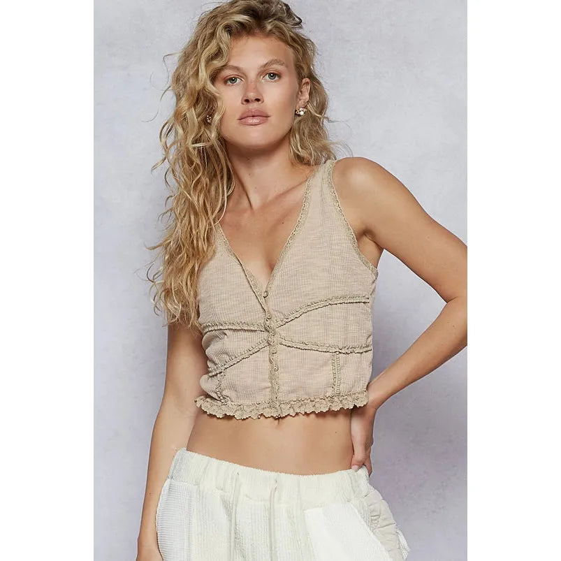 V-Neck Sleeveless Lace Detail Ribbed Knit Top