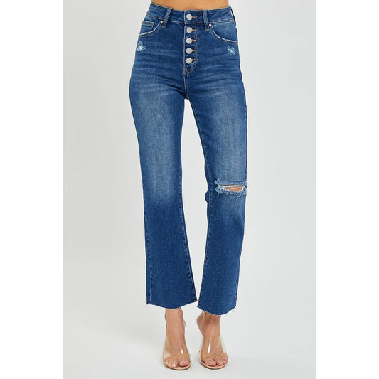RISEN HIGH RISE CROP STRAIGHT BUTTON DOWN DISTRESSED JEANS