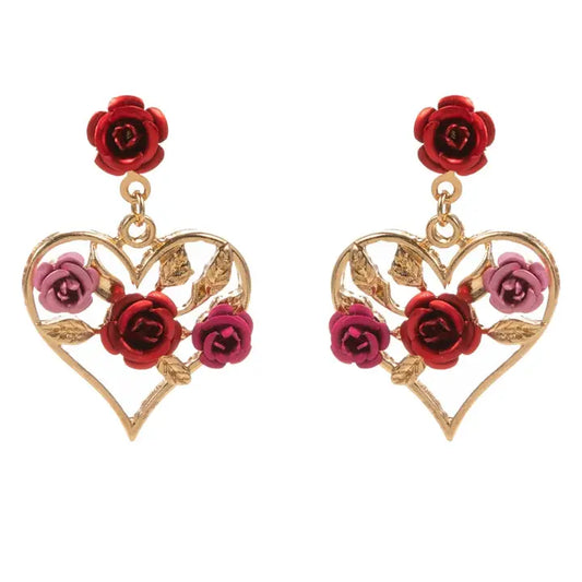 Valentines Heart Metal Color Roses Post Earrings