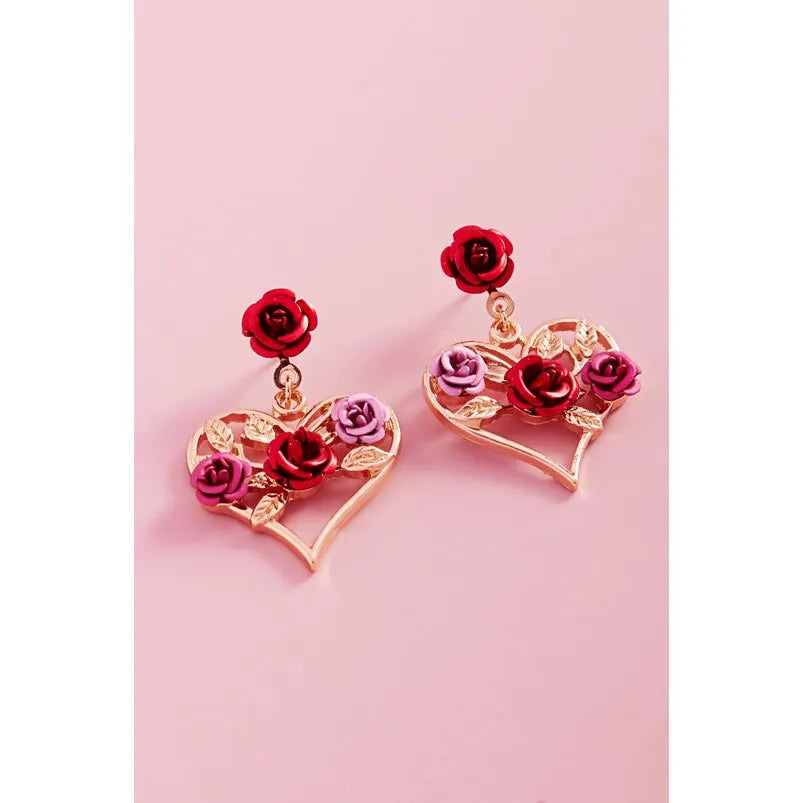Valentines Heart Metal Color Roses Post Earrings