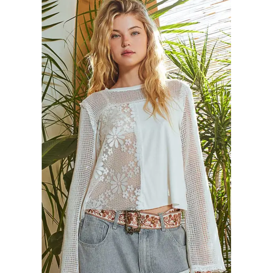 Round Neck Long Sleeve Lace Crochet Contrast Top