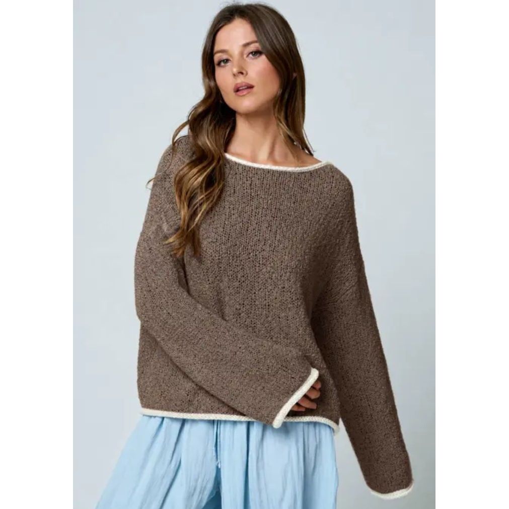 Boat Neck Contrast Trim Long Sleeve Knit Sweater