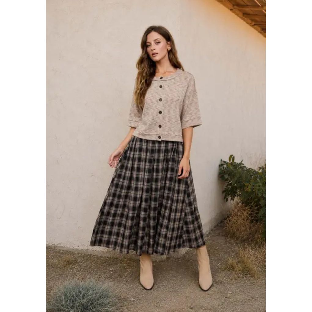 Plaid Pleated Side Slit Skirt