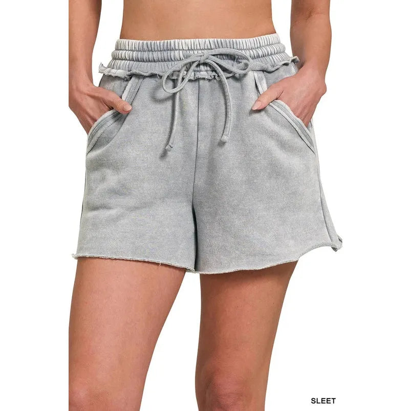 Acid Wash Fleece Drawstring Shorts with Pockets
