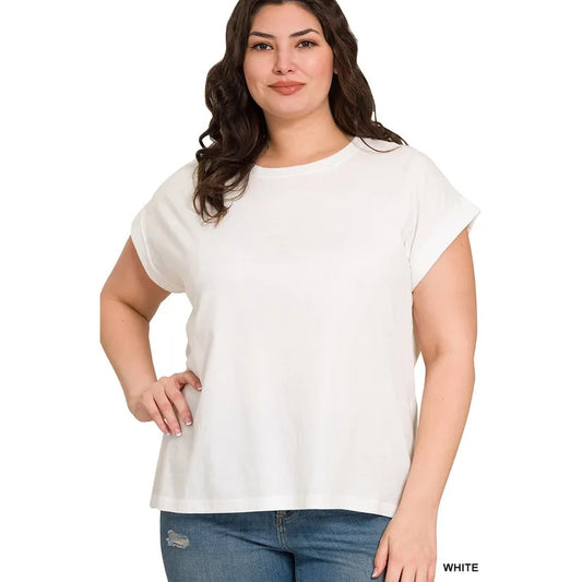 Plus Round Neck Folded Short Sleeve T Shirt