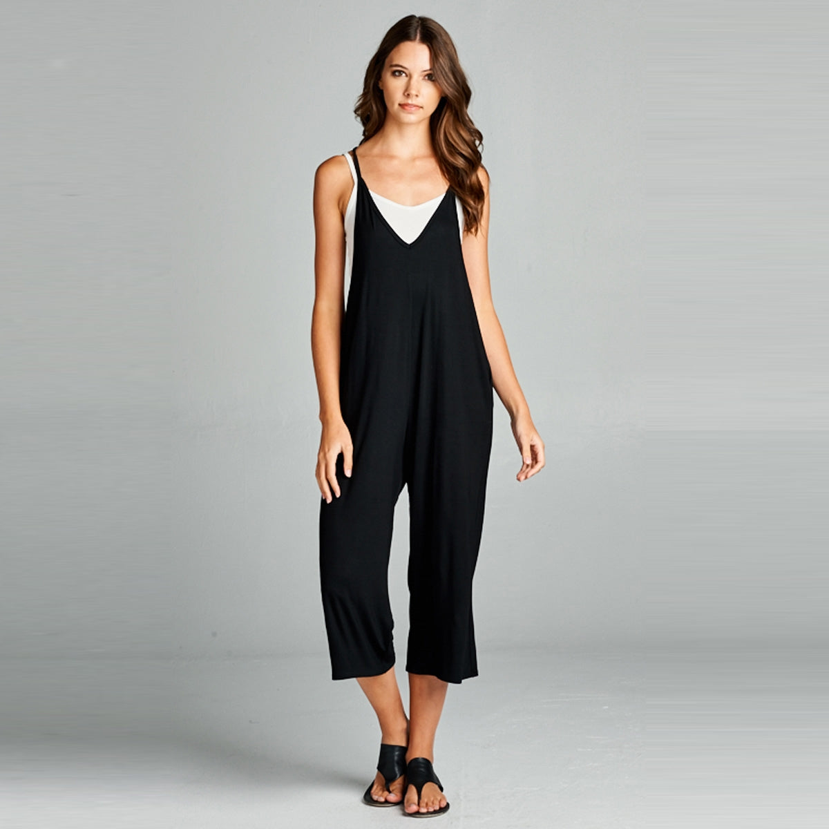 Loose Fit V Neck Capri Jumpsuit
