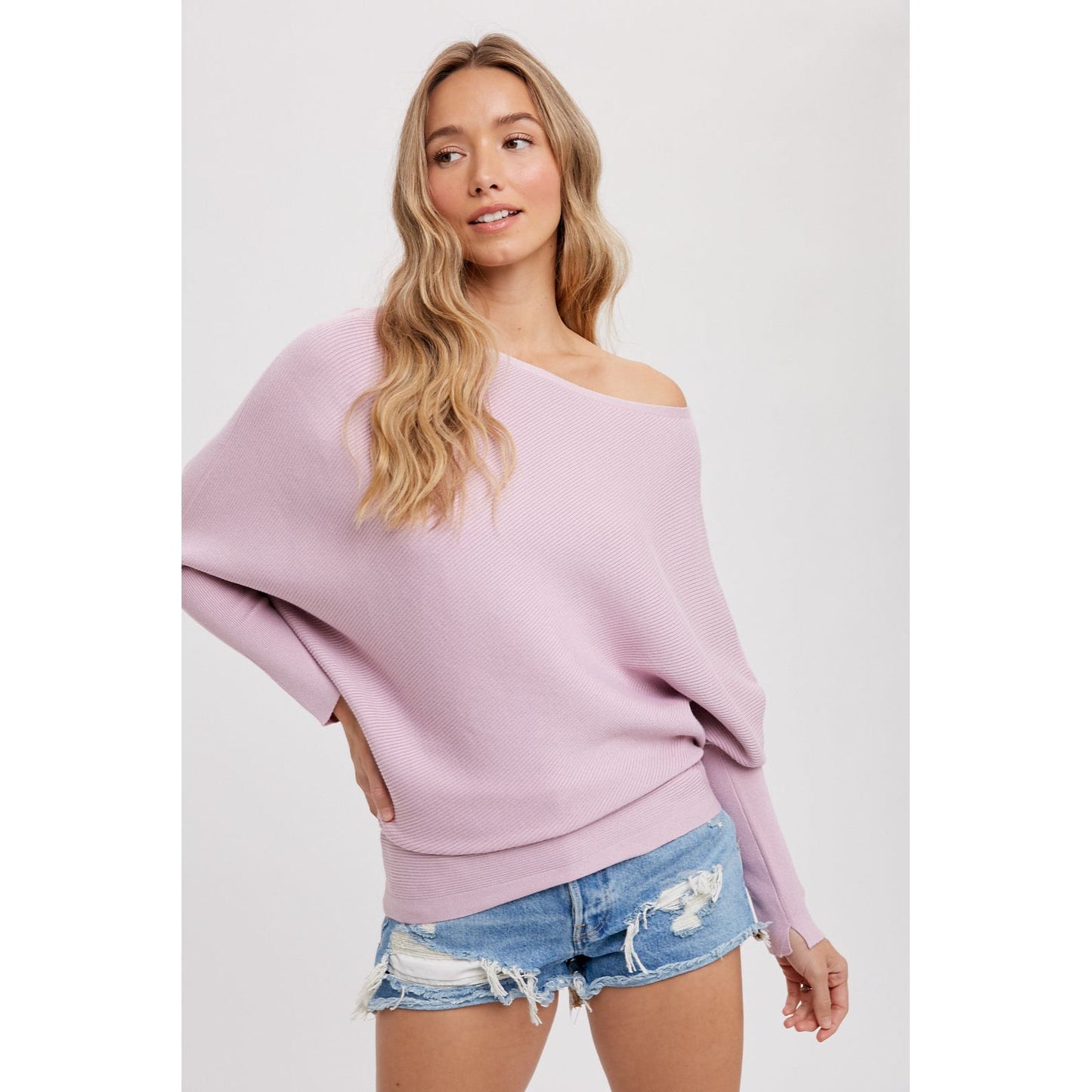 Asymmetrical Open Shoulder Dolman Pullover