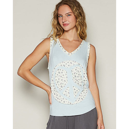 V-Neck Sleeveless Front Woven Heart Peace Patch
