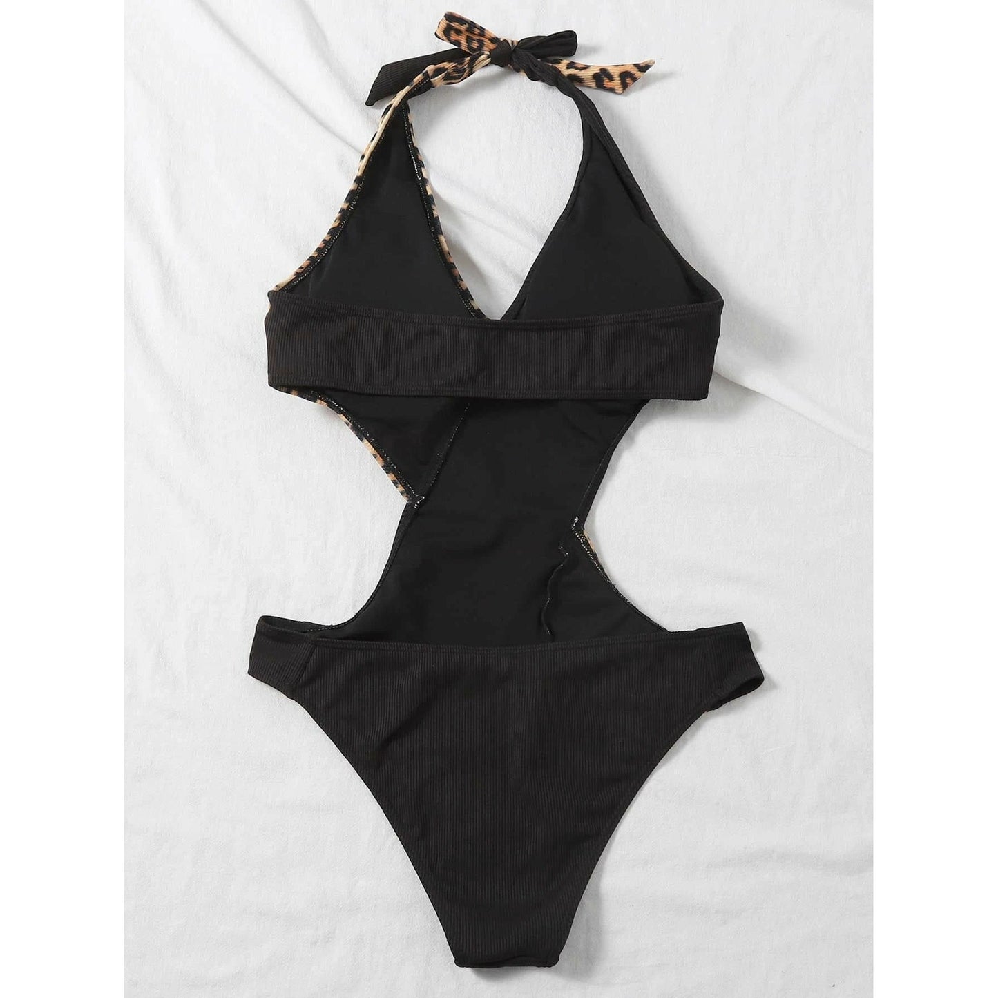 Leopard Print Rib Knit Cut Out Halter Neck Swimsuit
