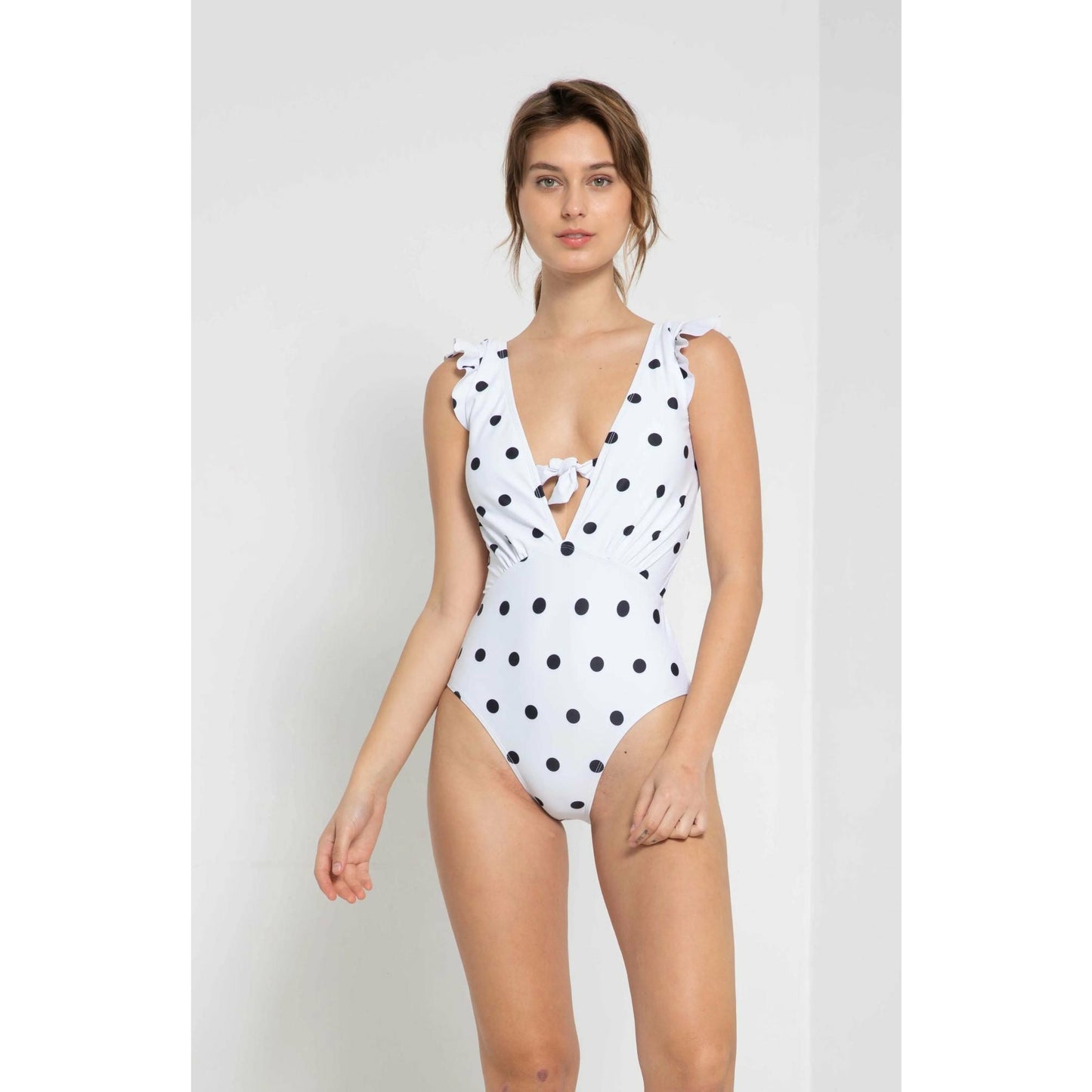 Low V Neck Ruffle Sleeve Polka Dot Swimsuit