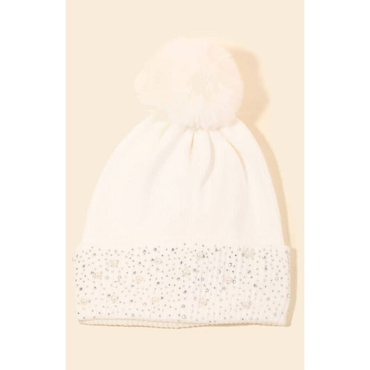 Bejeweled Ribbed Pom Beanie