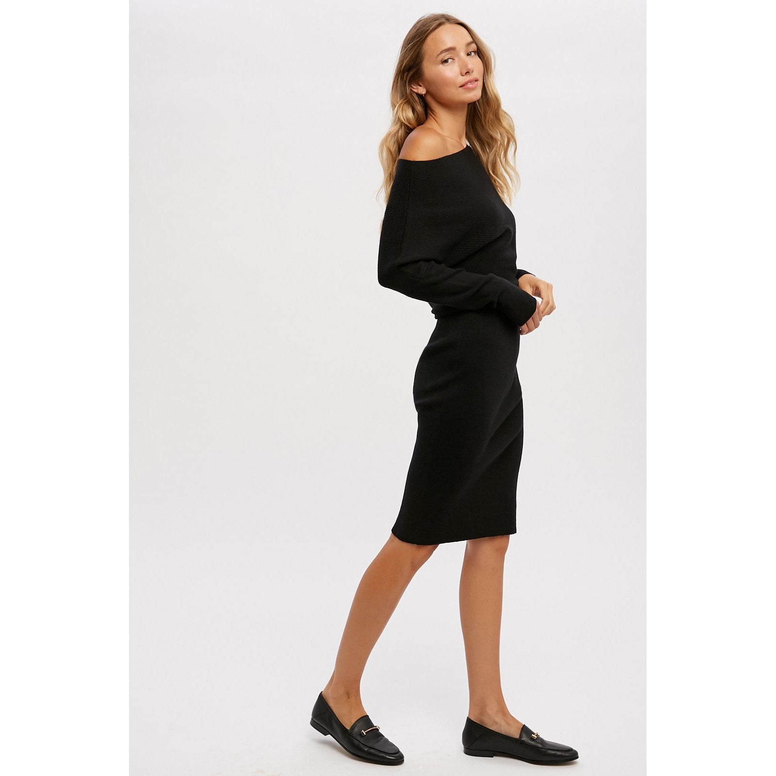 Asymmetrical Open Shoulder Sweater Dress Ikara Blu Asymmetrical Open Shoulder Sweater Dress Ikara Blu