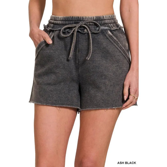 Acid Wash Fleece Drawstring Shorts with Pockets