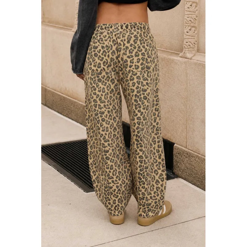Leopard Print Drawstring Barrel Pants