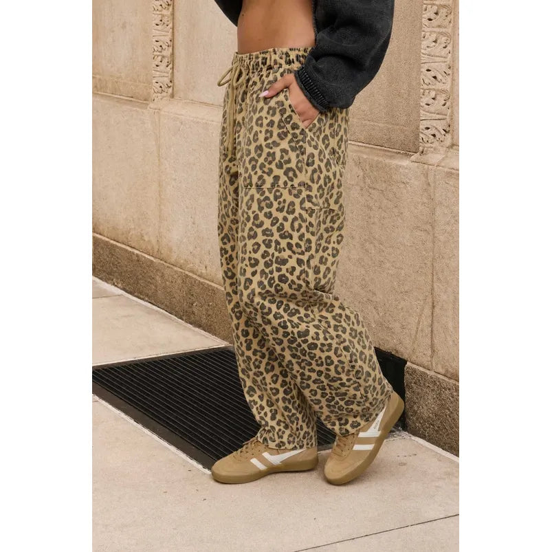 Leopard Print Drawstring Barrel Pants