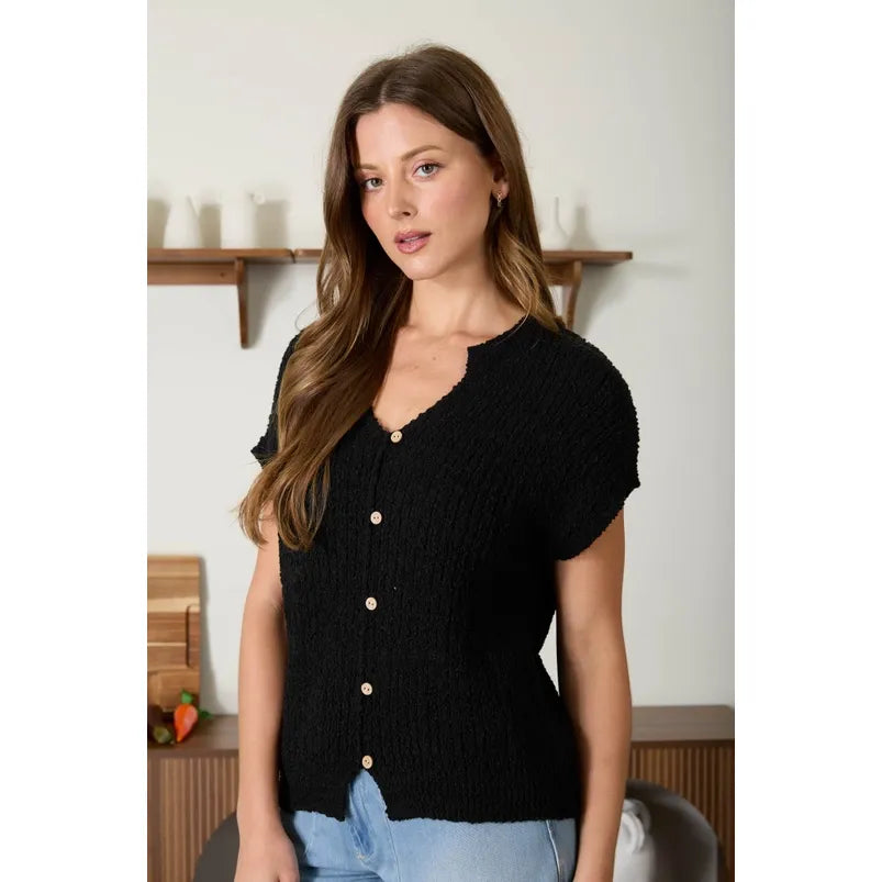 Cozy Short Sleeve Button Down Knit Sweater