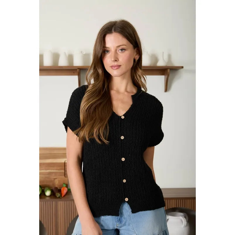 Cozy Short Sleeve Button Down Knit Sweater