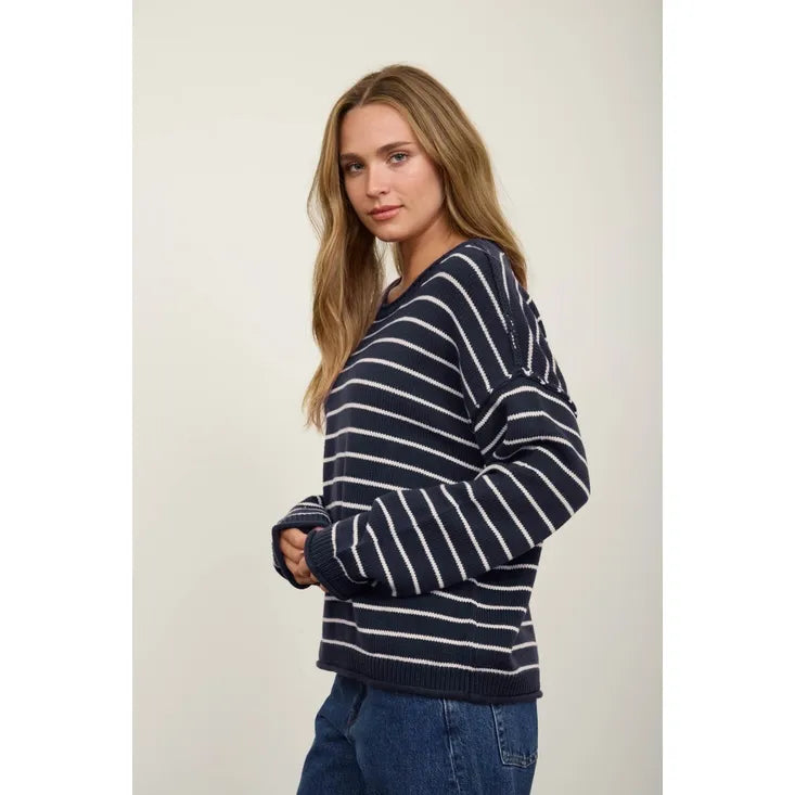 Cream Striped Drop Shoulder Crew Neck Sweater