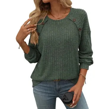 Crew Neck Long Sleeve Button Top