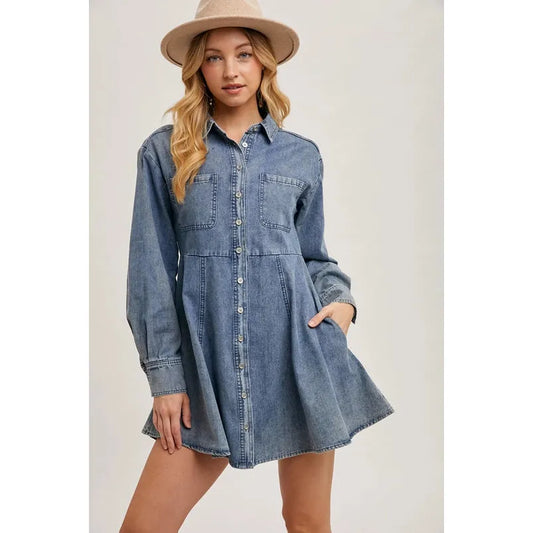 Denim Button Down Shirt A-Line Dress