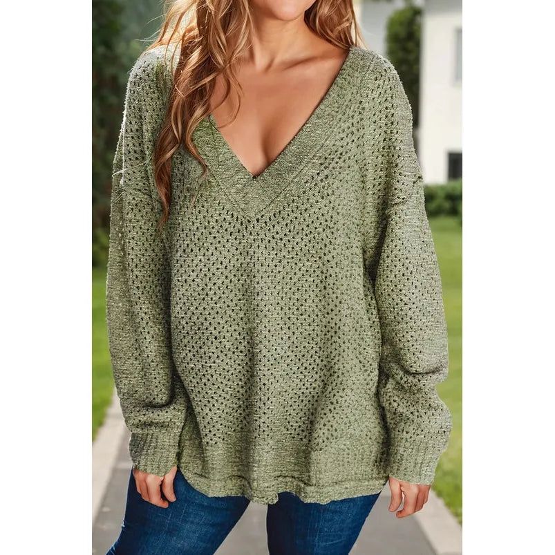 Loose Fit Drop Shoulder V Neck Sweater