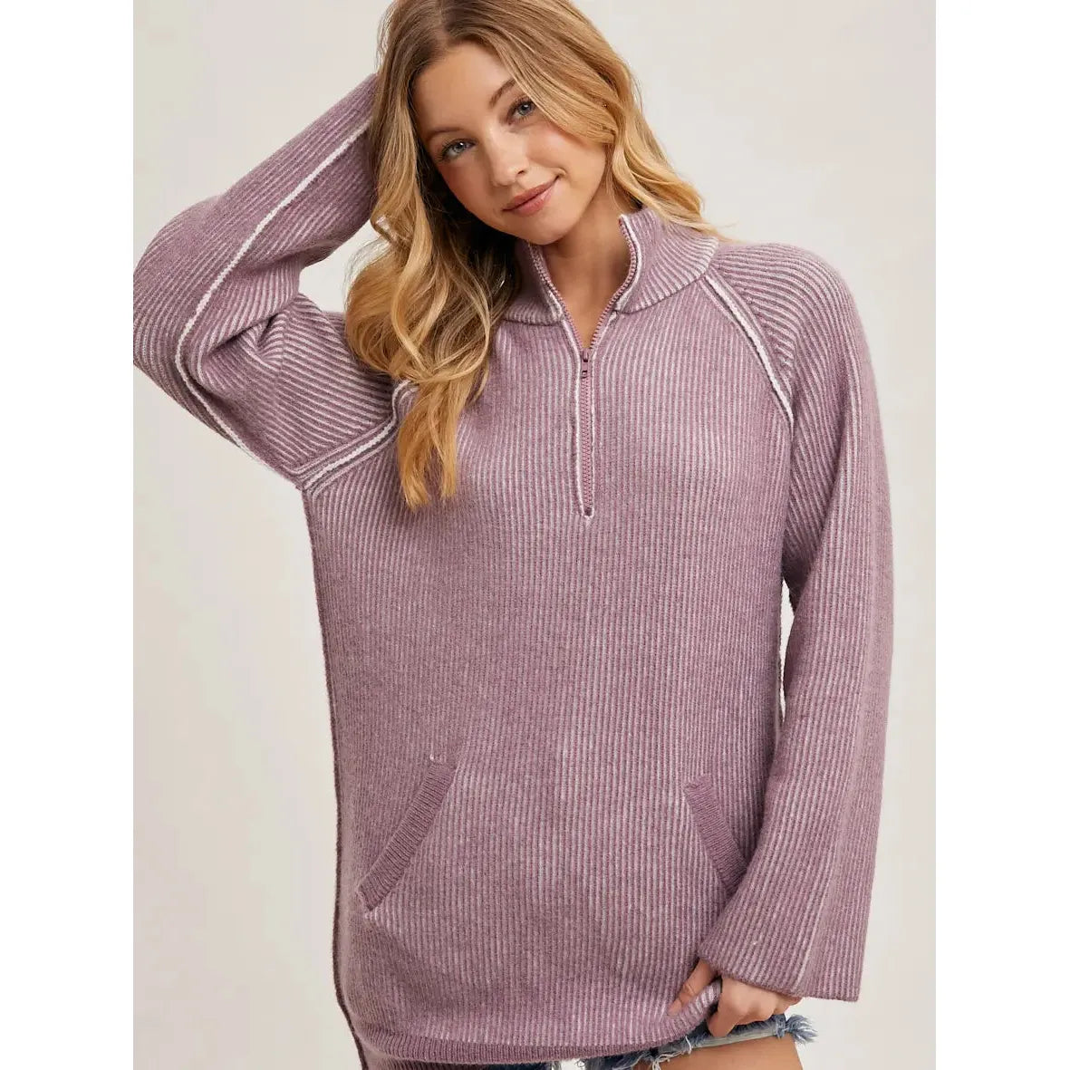 Half Zipper Two-Tone Ribbed Knit Sweater Tunic