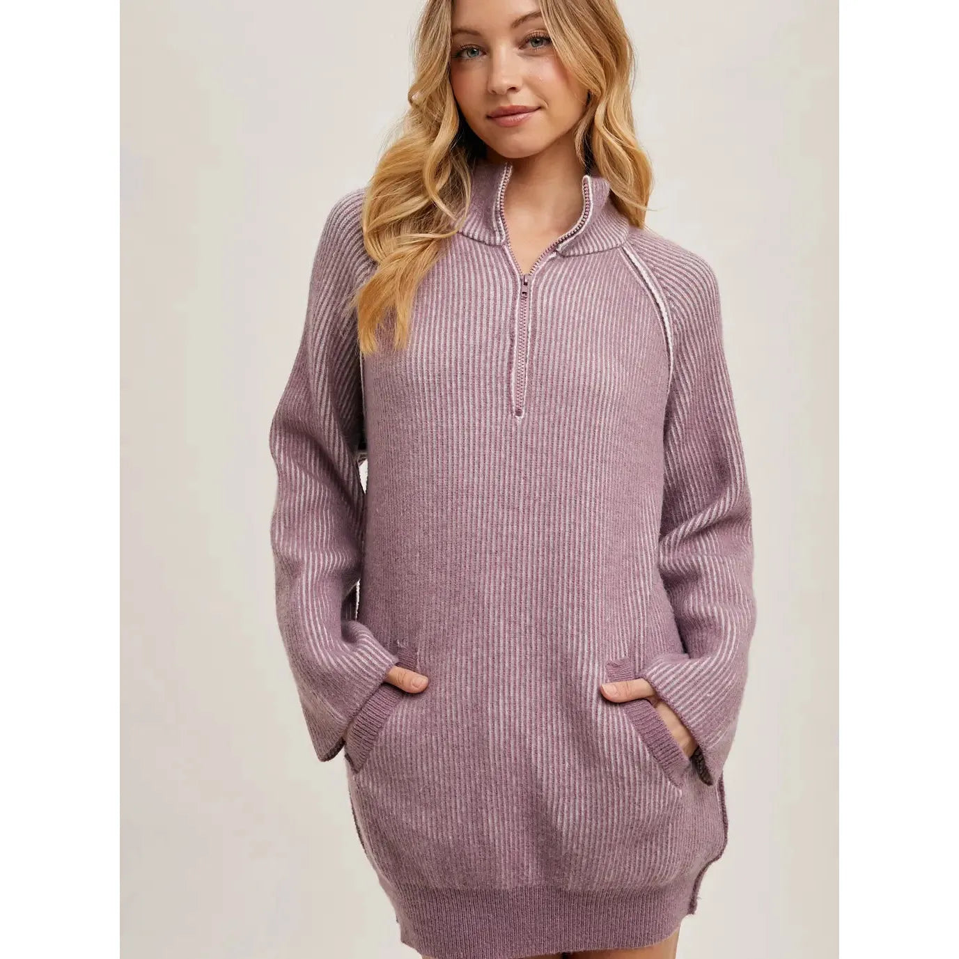 Half Zipper Two-Tone Ribbed Knit Sweater Tunic