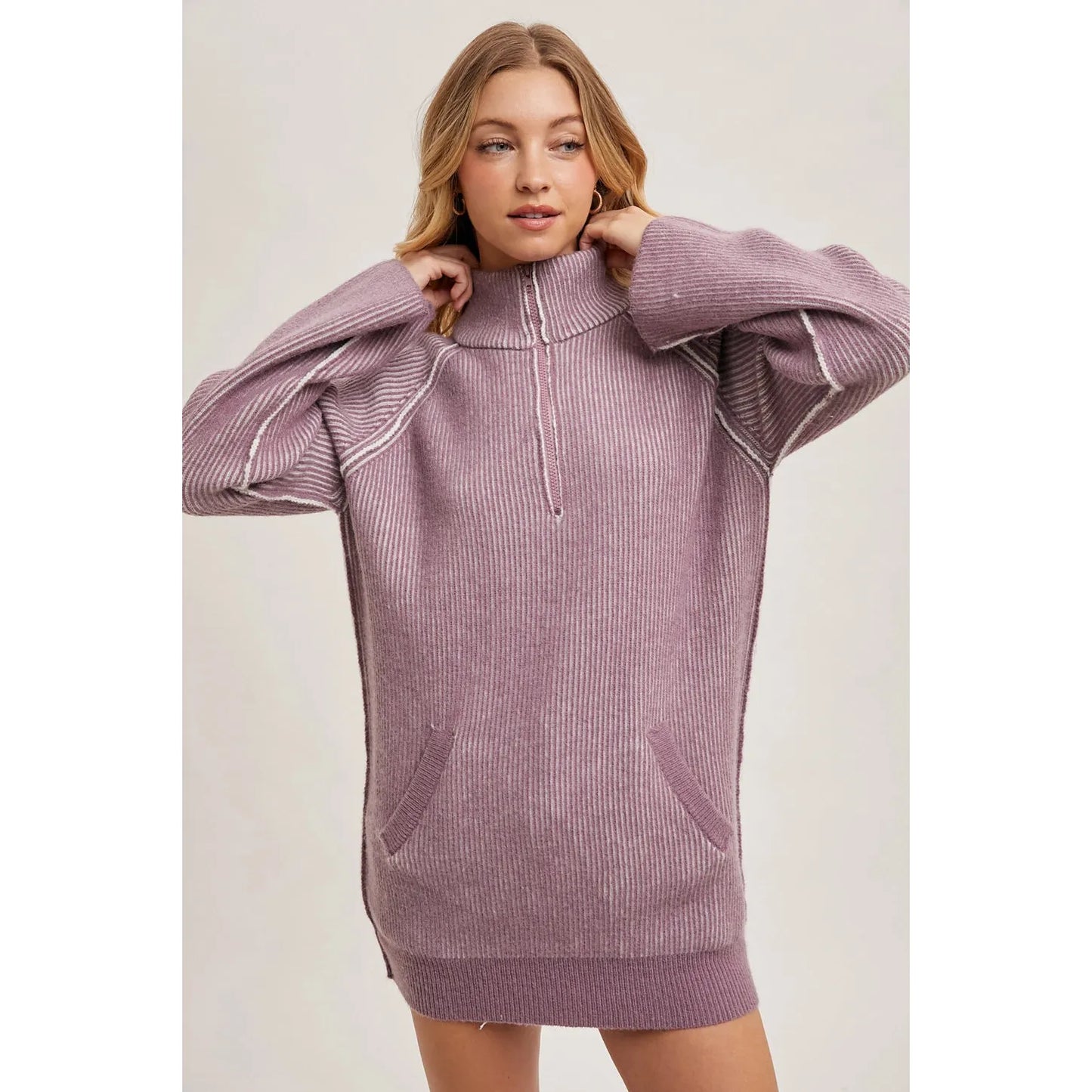 Half Zipper Two-Tone Ribbed Knit Sweater Tunic