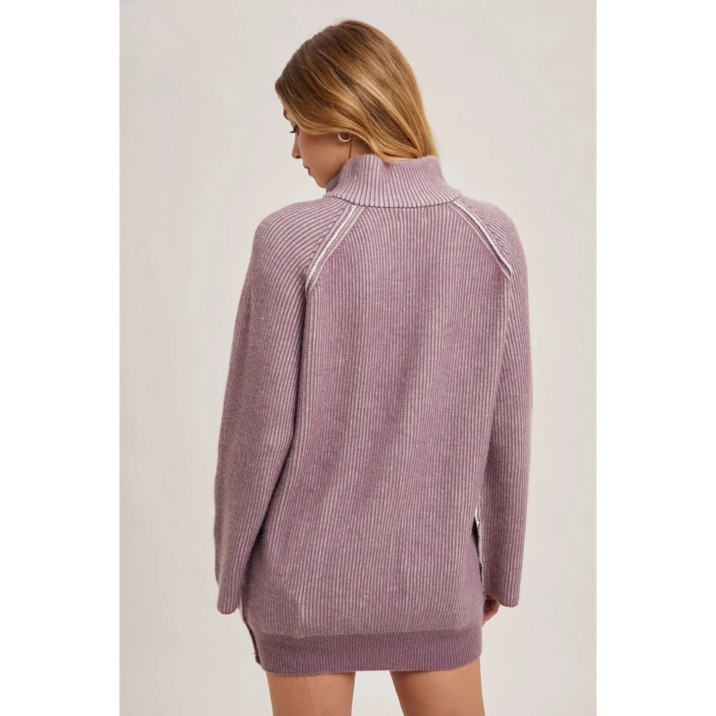 Half Zipper Two-Tone Ribbed Knit Sweater Tunic