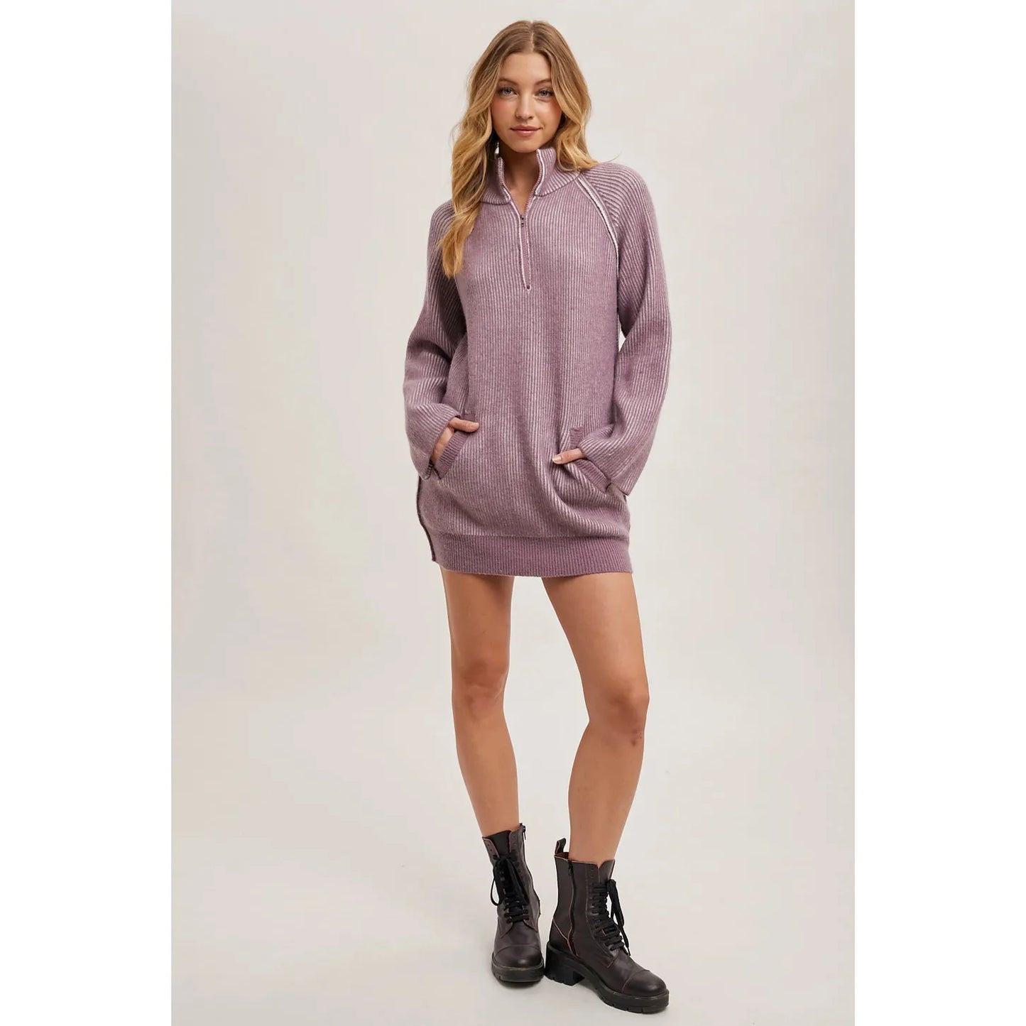 Half Zipper Two-Tone Ribbed Knit Sweater Tunic