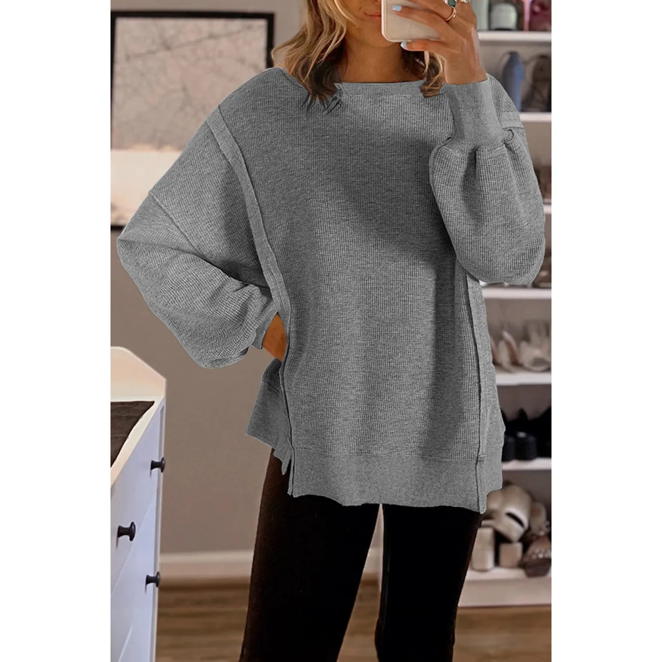 Waffle Knit Bishop Sleeve Top