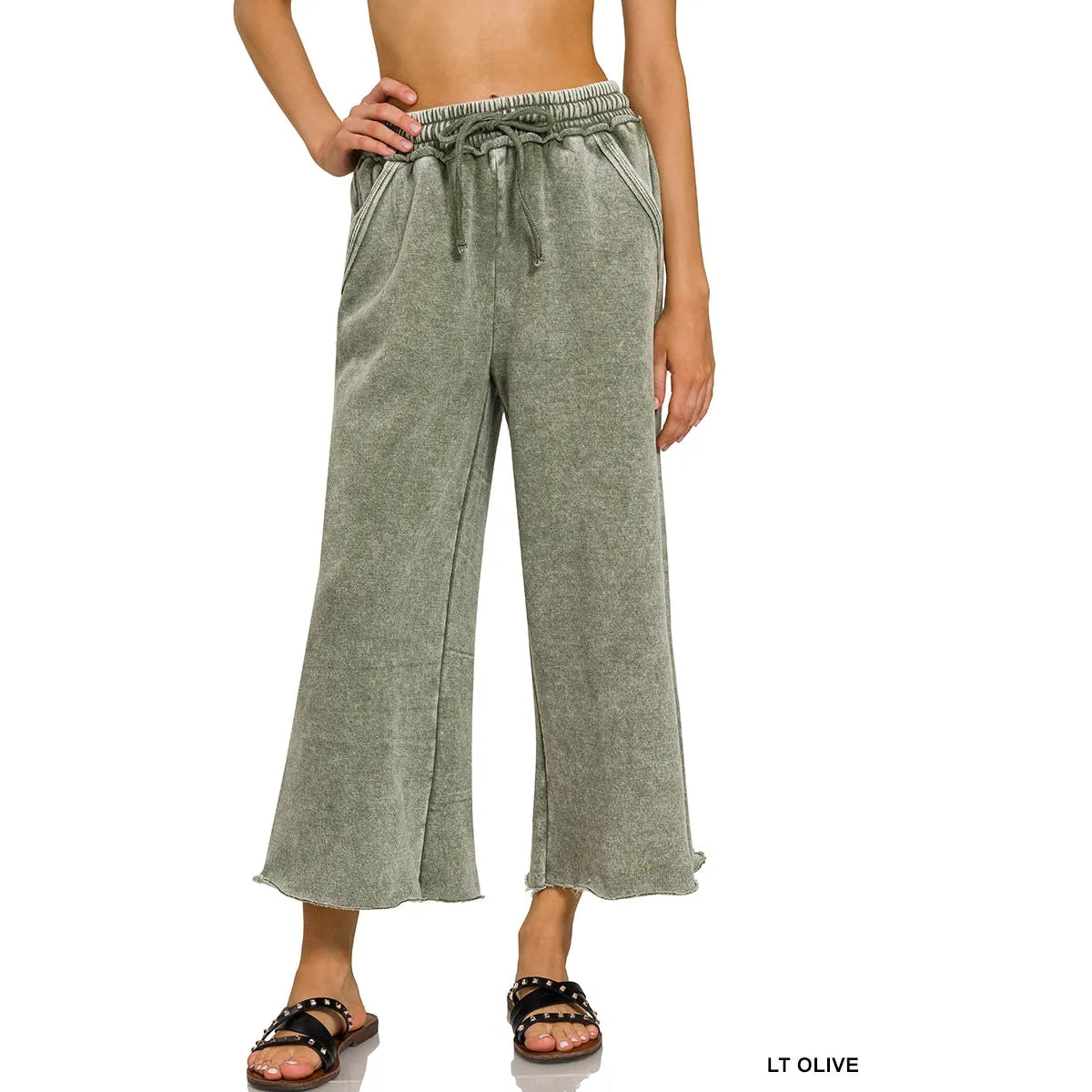 Acid Wash Fleece Palazzo Sweatpants with Pockets