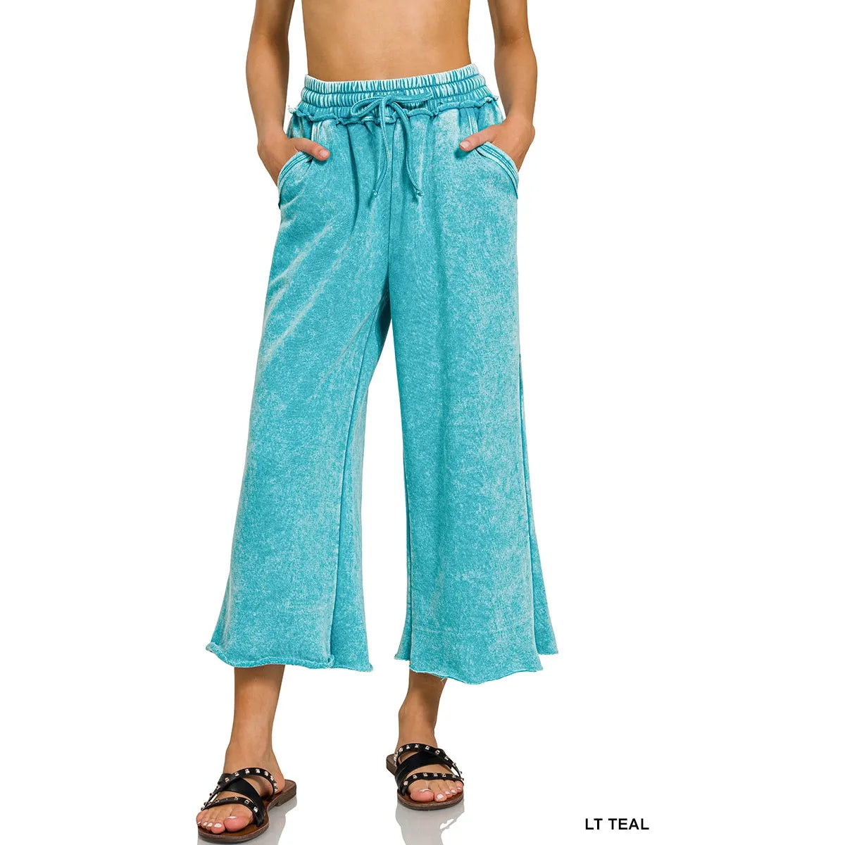 Acid Wash Fleece Palazzo Sweatpants with Pockets