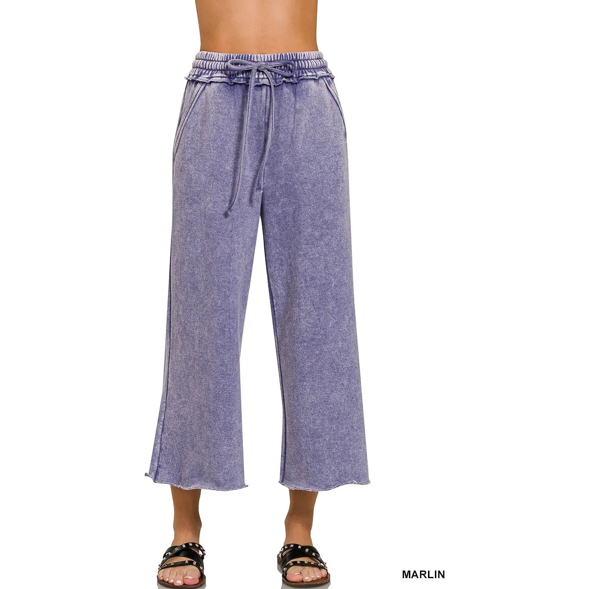 Acid Wash Fleece Palazzo Sweatpants with Pockets