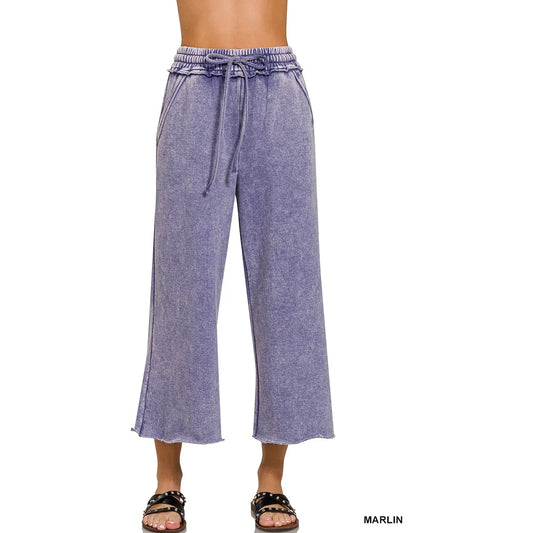 Acid Wash Fleece Palazzo Sweatpants with Pockets