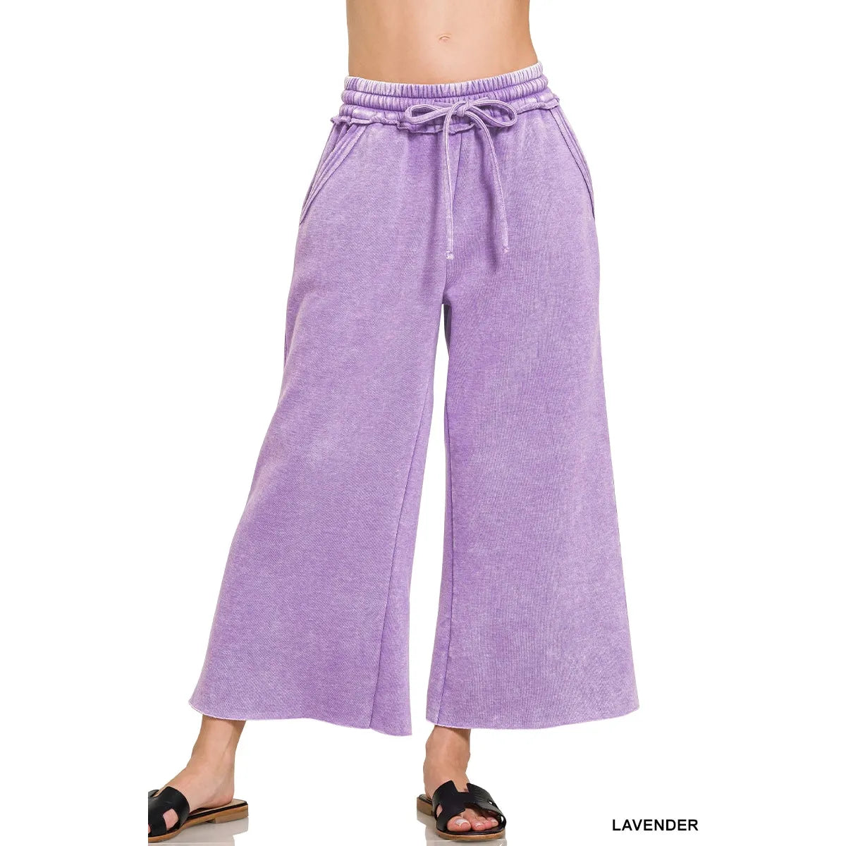 Acid Wash Fleece Palazzo Sweatpants with Pockets