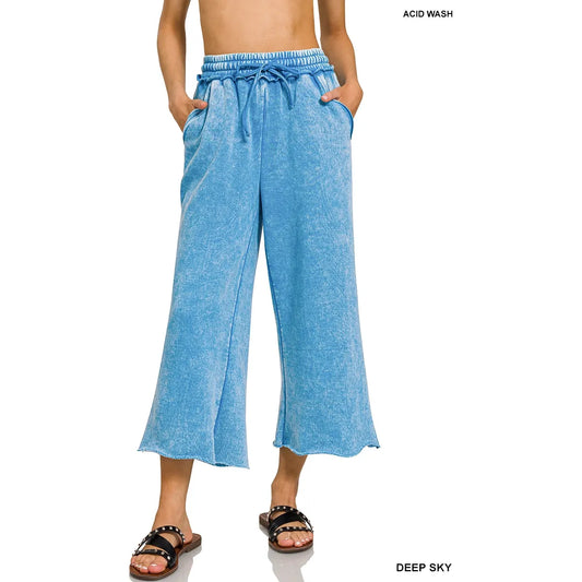 Acid Wash Fleece Palazzo Sweatpants with Pockets