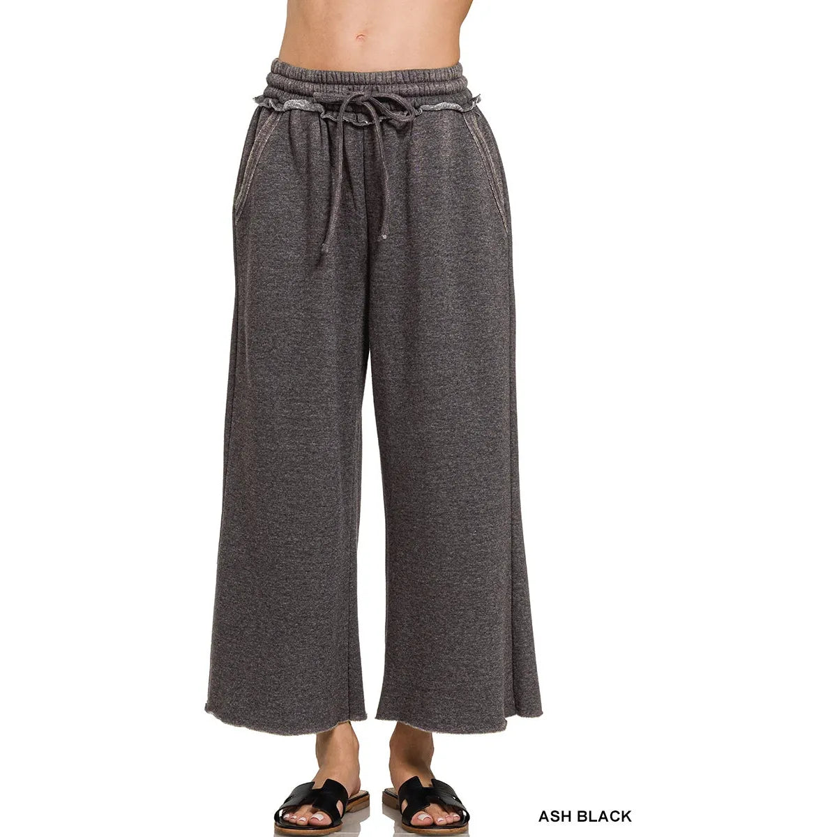 Acid Wash Fleece Palazzo Sweatpants with Pockets