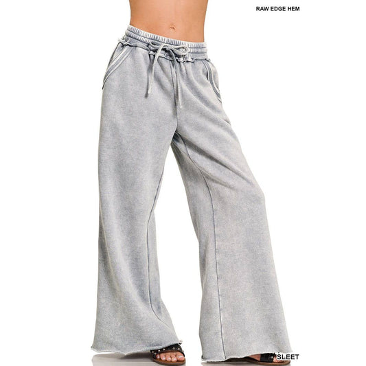 Acid Wash Fleece Palazzo Sweatpants with Pockets