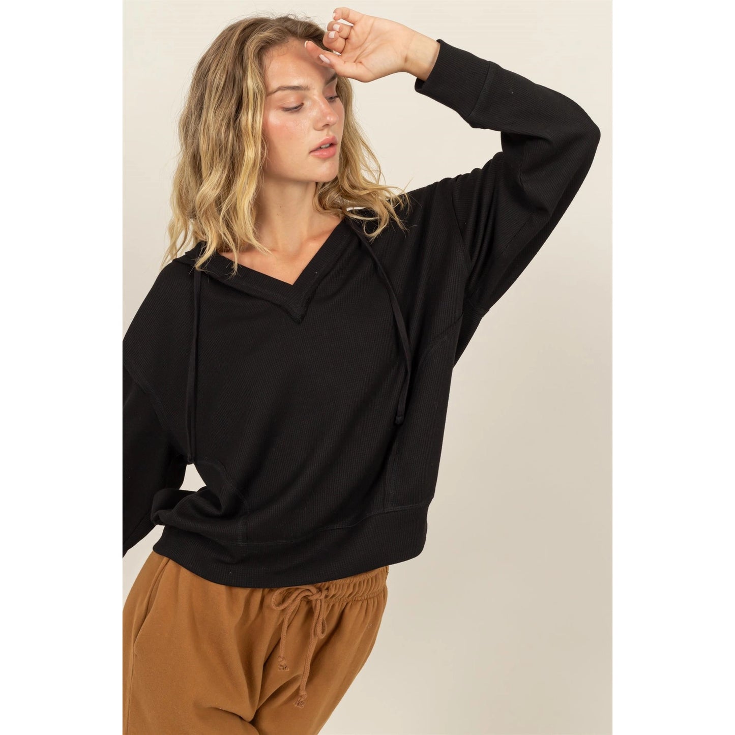 Relaxed Fit Notch Neck Ribbed Hoodie